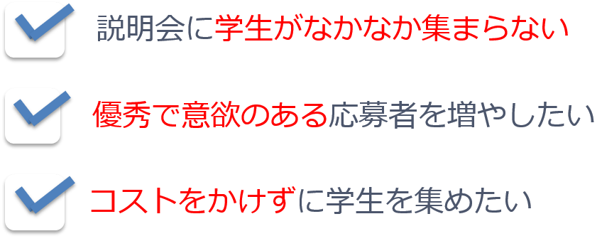 「説明会に学生がなかなか集まらない」「優秀で意欲のある応募者を増やしたい」「コストをかけずに学生を集めたい」という悩みにお応えいたします。